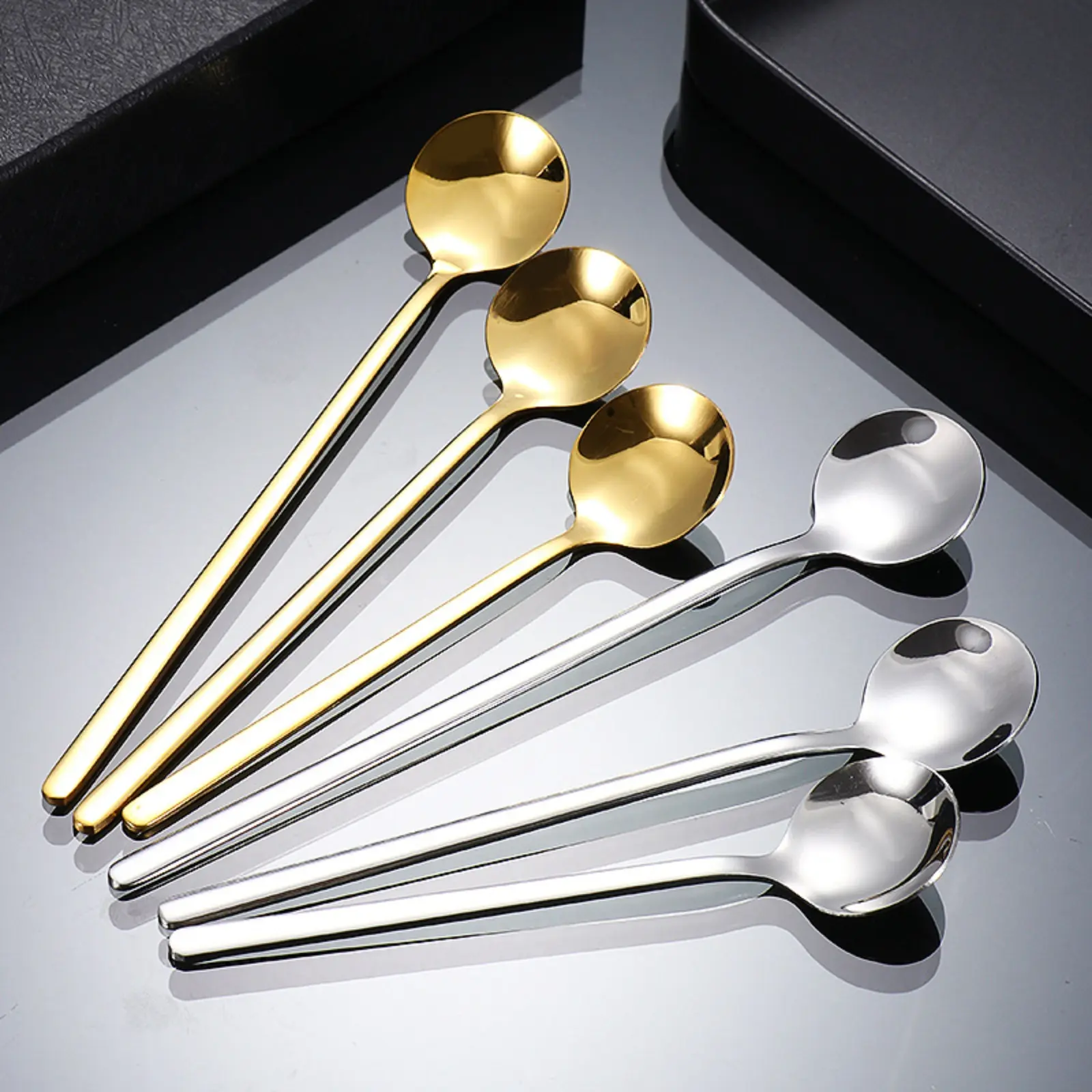 Stainless Steel Spoon — Long-Handled Ice Cream & Coffee Spoon | Stylish Gold-Tone Small Round Spoon for Home Use | Stirring Spoon