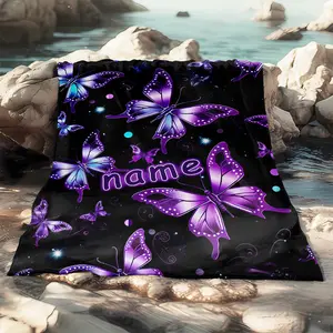 1 Piece Purple Butterfly Print Custom Name Portable Blanket - Lightweight Flannel Blanket, Suitable for Sofa, Bed, Travel, Camping, Living Room, Office, Sofa, Chair, and Bed - Digital Printed Blanket, Made of Soft and Warm Flannel Fabric