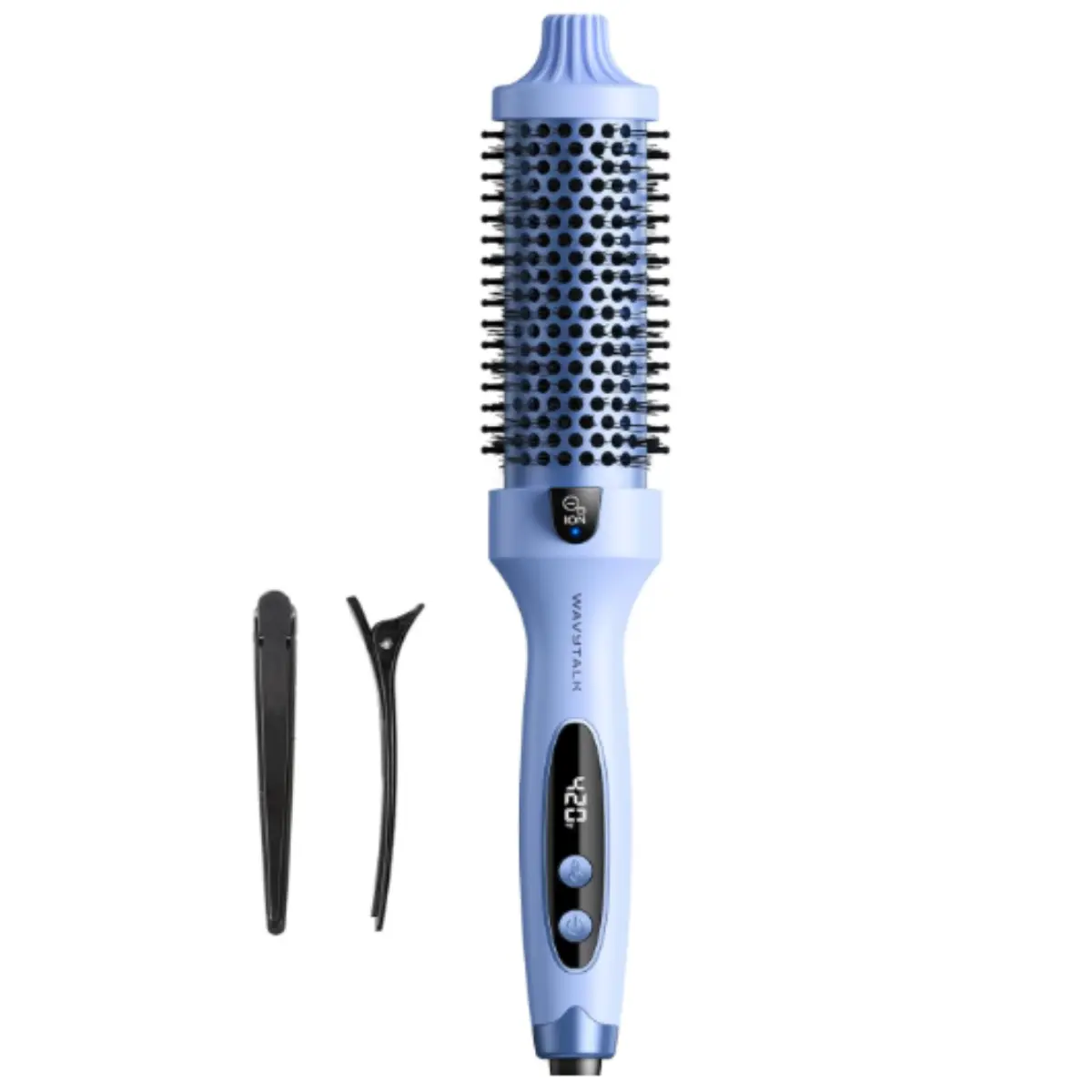 Wavytalk Thermal Brush Blowout Boost 1.5″ Heat Round Brush for Blowout Look | Negative Ion Technology, Tourmaline Ceramic, 5 Temperature Settings Dual Voltage, Less Damage, Blue