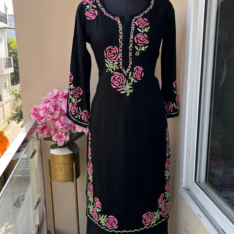Pure lucknowi super intricate handwork chikankari Work Primum Rayon Kurti + Rayon Plazo Set