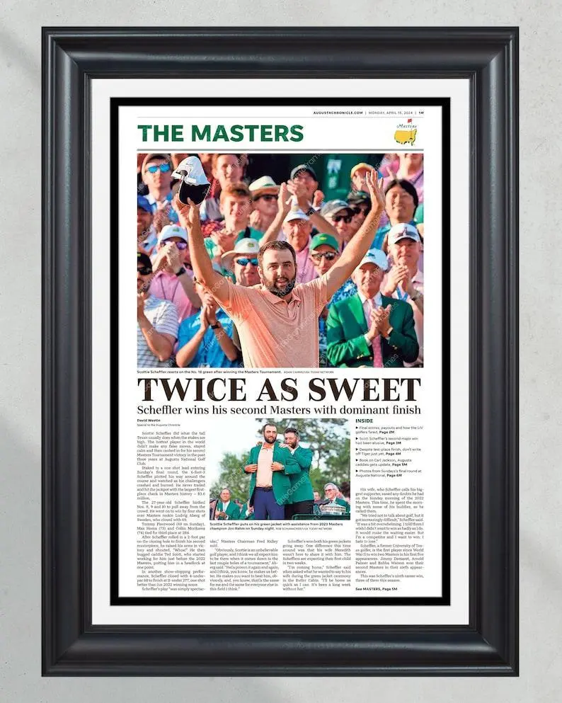 2024 Masters Champion Scottie Scheffler 'TWICE AS SWEET' Poster Wall Art Front Page Newspaper