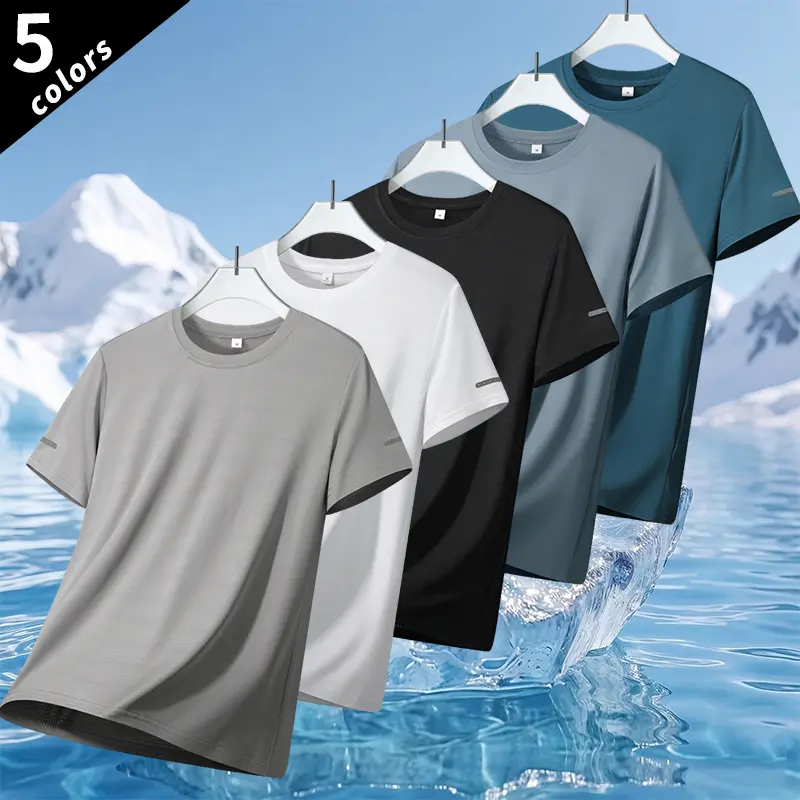 Pack of 5 casual athletic printed T-shirts with reflective stripes, breathable quick-dry short sleeves, crew neck tops; running shirts; wet/dry dual-use moisture-wicking T-shirts; gym training short-sleeve shirts