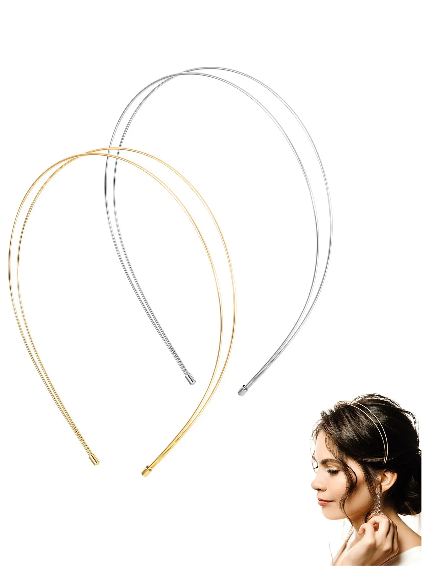 2 pieces of minimalist metal headbands, silver and gold women's headbands, fashionable double ended headbands, Chic Headbands, metal headbands suitable for any hairstyle and hair accessory, Thin, Headband Set, Hairbands, Matching Headband
