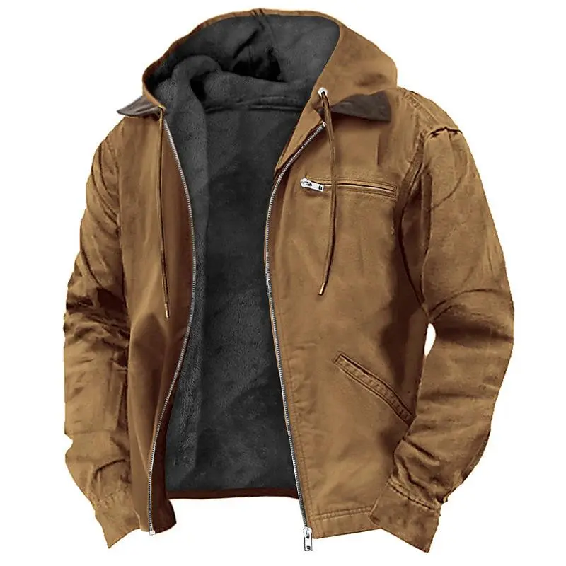 Solid Color Hooded Cotton Jacket Casual Men's Fleece Zipper Pocket Jacket Coat Menswear Tops Korea Camel