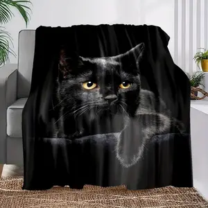 Soft Funny Throw Blanket Cute Black Cat Print Flannel Blanket,Warm Nap For Couch Sofa Office Bed Camping Travelling,Multi-purpose Holiday Gift Blankets