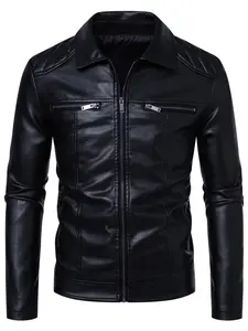 Men's Faux Leather Motorcycle Jacket, Shoulder Padded Design, Multiple Zipper Pockets, Full-Zip Street Style Coat