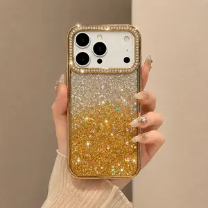 Luxury Charming Yellow Silver Gradient Glitter Phone Case With Sparkling Rhinestone Camera Decor, Soft Silicone Anti Drop Protective Case, Trendy Elegant Phone Cover Suitable For iPhone 15 16 17 Series, Birthday Valentine Holiday Gift For Ladies