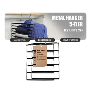 USTECH 5-Tier Non-Slip Metal Pants Organizer - Space-Saving, Heavy Duty Hangers for Closet Storage | Foldable Clothes Hanger for Jeans, Skirts, Shirts | 2 Pack Steel Hanging Organizers