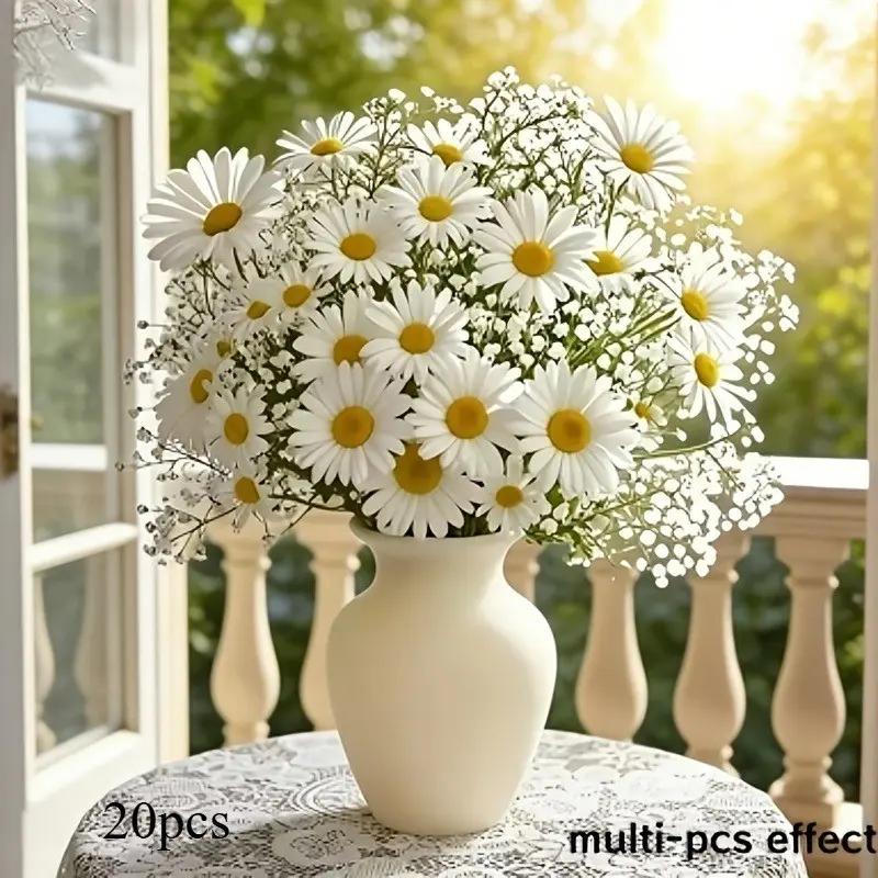 20pcs High-End Luxury INS Style Chamomile Daisy Artificial Flower Bouquet, Artificial Bouquets, Decorative Flowers, Baby's Breath Faux Flowers, Suitable for Tabletop Living Room Home Photography Decor, Valentine's Day, Birthday, Graduation Gift