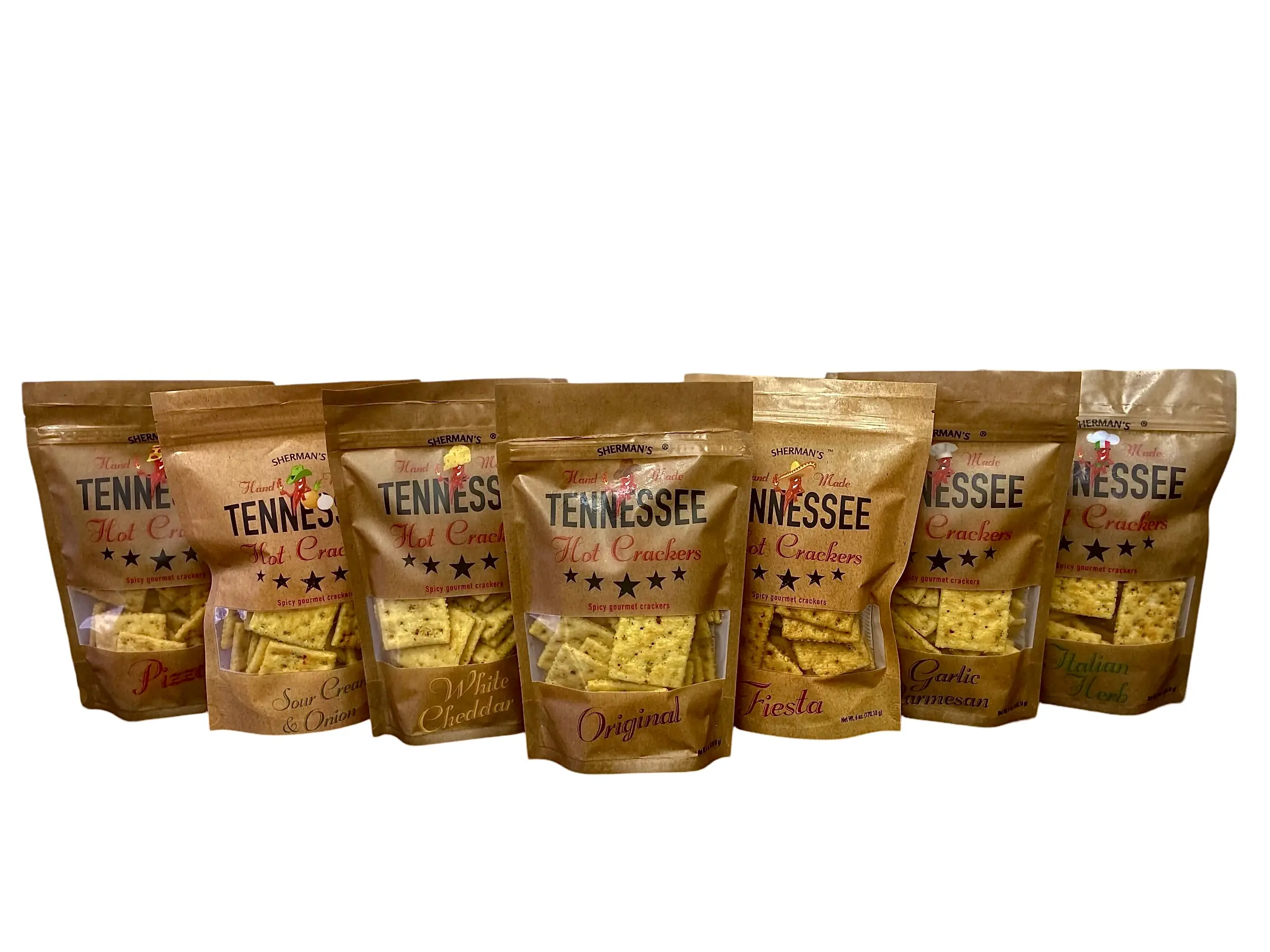 Sherman's Tennessee Hot Crackers, 7 Pack Bundle (6oz each) Spicy Gourmet Snack Crackers Garlic Cheese