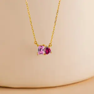 Gold Plated Birthstone Necklace, Dual Gemstone Pendant, Hypoallergenic Dainty Chain, Perfect for Everyday Wear, Birthday Gifts & Layering Jewelry