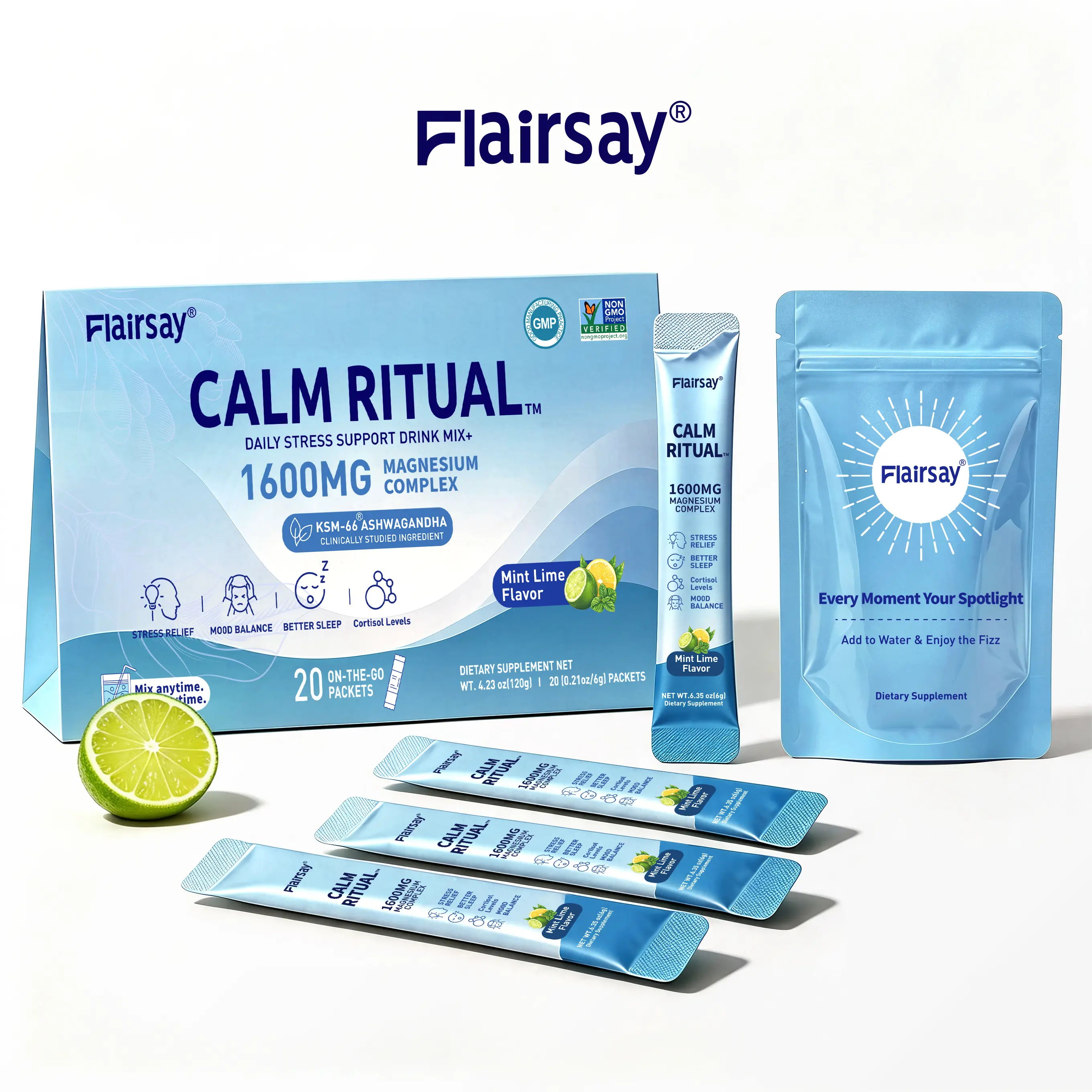 Flairsay Nighttime Calm Drink Mix with KSM-66 Ashwagandha, Glycine & L-Theanine, Sleep Support Powder Packets for Evening Relaxation & Daily Wellness