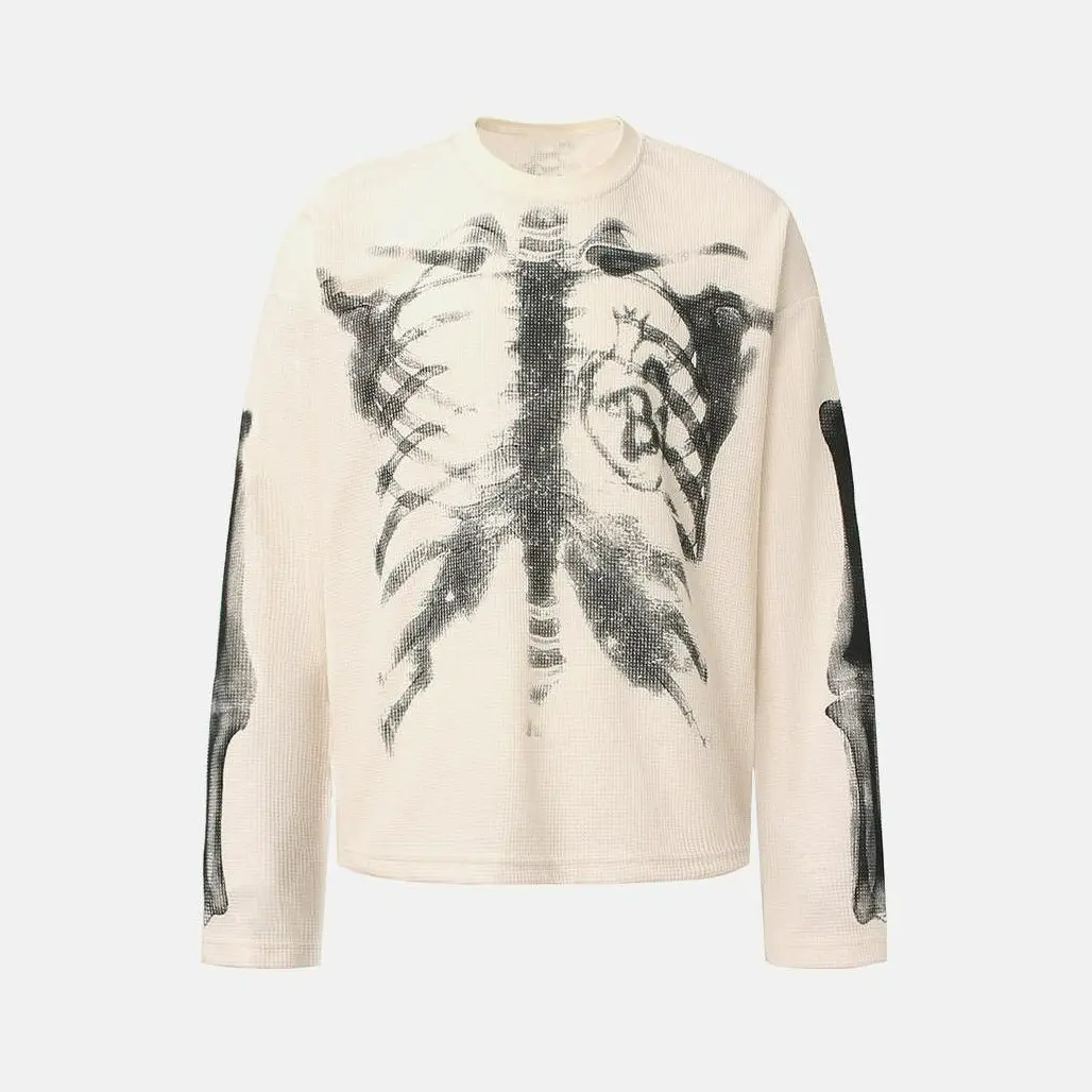 Y2K Gothic Men's Waffle Knit Long-Sleeve Top - Oversized Cut, Skeleton Print, Halloween Ghost Graphic, Double-Sided Acid-Wash, Warm Comfortable Menswear, Casual Alternative Streetwear Gift African American Christmas Mom T-Shirt funny short