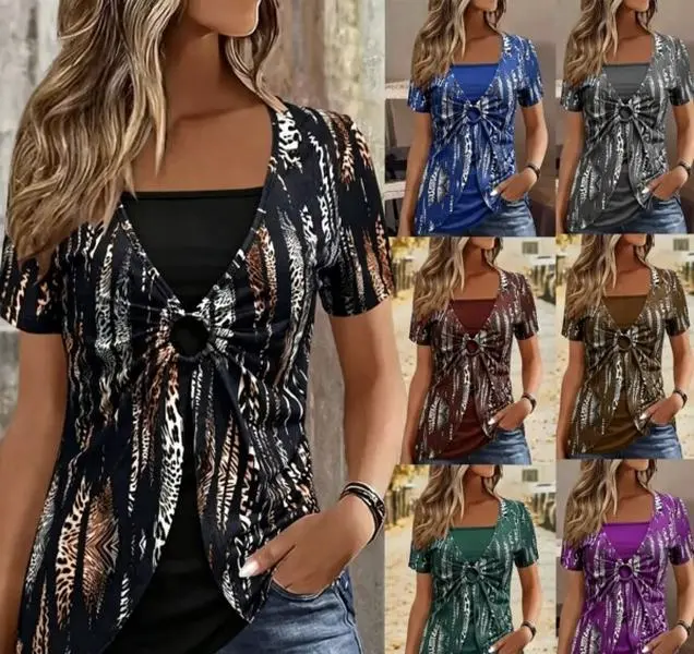 Plus Size Bohemian Print Two-Piece Short Sleeve Top, Women's Flowy Elastic Waist Floral Tunic Blouse, Summer Vacation Casual Shirt for Curvy Women