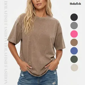 Holafish Acid Wash Oversized T-Shirt Crew Neck Half Short Sleeve Summer Top Casual Loose Fit Solid Streetwear Comfortable Tees Basic Womenswear Shortsleeve Tshirt
