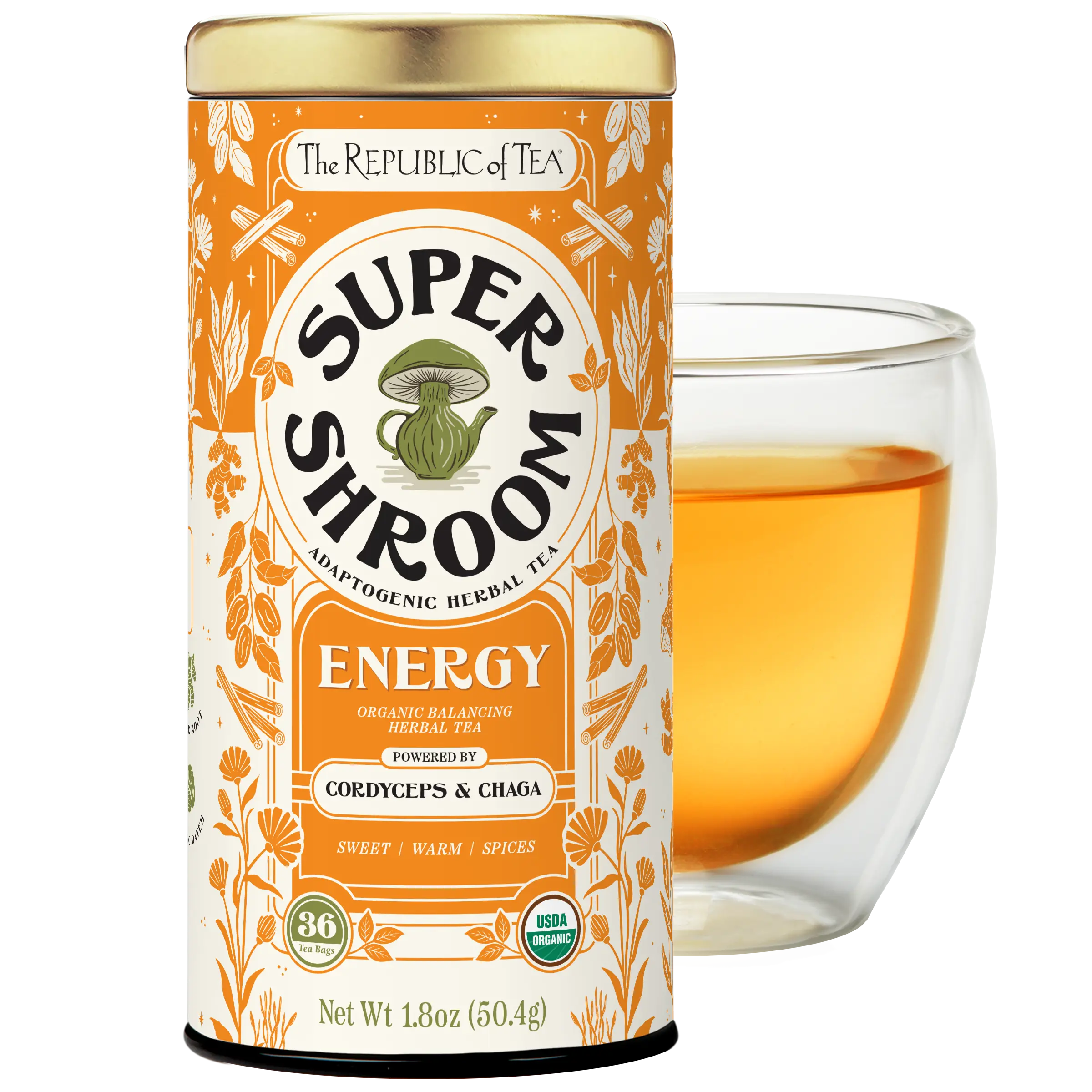 The Republic of Tea SuperShroom Energy Cordyceps and Chaga Herbal Tea, Organic Cinnamon, Ginger and Chicory Blend, Caffeine Free, Unbleached Tea Bags in Reusable Tin, 36 Count