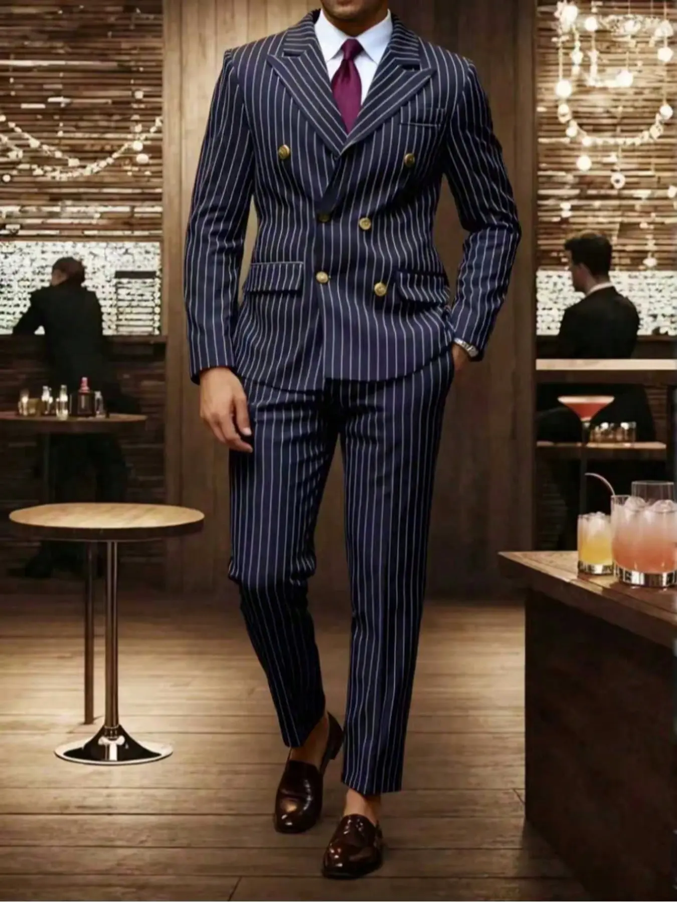 Men's Striped Print Button Decor Collared Blazer & Pants Matching Two-Piece Set, Fitted Slim Classic Business Formal Suit Set for Wedding Party, Men's Clothing for Spring & Fall, Menswear, Pinstripe Suit, Business Suits Set, Business Attire Clothes