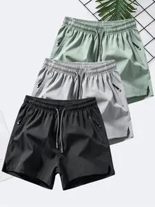 Men’s 3-piece set: solid-color drawstring shorts with pockets made of ice silk for summer—breathable, cool feel; men’s clothing; zippered pocket; beach vacation outfit; athleisure casual shorts with elastic waistband and pockets; men’s sports shorts for e