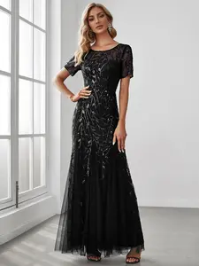 Ever-Pretty Floral Sequin Maxi Fishtail Tulle Prom Dress with Short Sleeve 07707