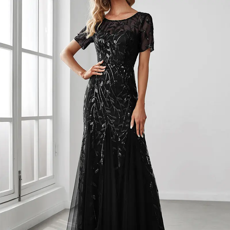 EVER PRETTY Women's Formal Sequin Leaf Glitter Tulle Bodycon Fishtail Maxi Dress - Crew Neck, Short Sleeve, No-Stretch Fabric, Retro Charm, Dry Clean, Elegant Fit Prom Party Dress for Women, Wedding Guest Evening Events