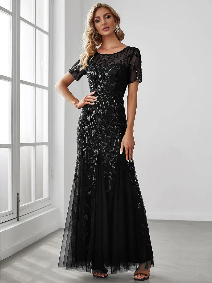 EVER PRETTY Women's Sequin Leaf Tulle Prom Dress, Elegant Short Sleeve Fishtail Maxi Gown for Formal Parties, Style, Fabric, Shortsleeve, Fashion, Fit, Bodycon