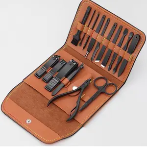 Professional Nail Clippers Pedicure Kit - 16 Piece Stainless Steel Nail Care Tools with Brown Travel Leather Case for Men Women Gift