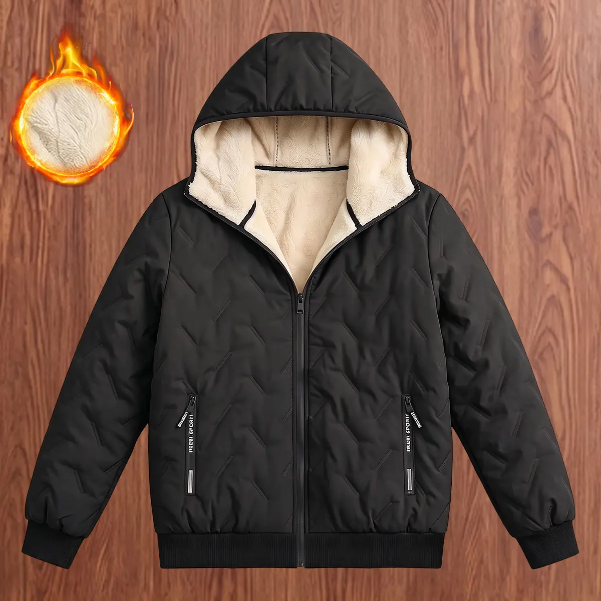 JOGWAVE Menswear Men's Winter Hooded Coat - Casual Plain Tops, Windproof Waterproof Heavy-Duty Outdoor Insulated Jacket, Secure Zipper Pockets, High-Performance Stretch Fill, Lightweight Geometric-Textured Technical Apparel, Fleece Lining
