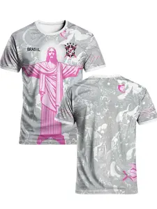 Brazil National Team Christ the Redeemer Print Soccer Jersey Green Yellow Jungle Tropical Leaf Breathable Quick Dry Short Sleeve for Brazil Fans, Brazilian Culture Enthusiasts, Football Collectors & Streetwear Enthusiasts