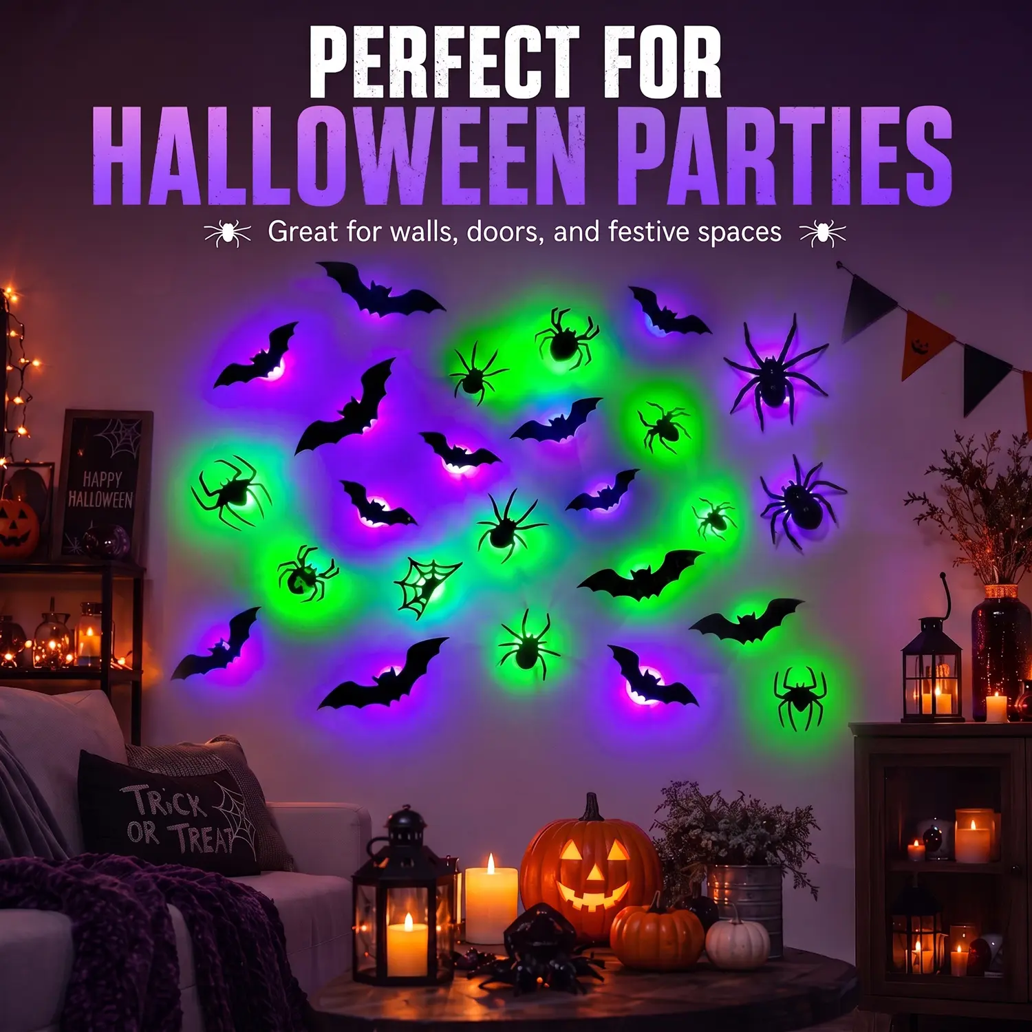 21pcs 3D Bat Spider Light LED Decorations,Halloween Spooky Ornaments, Bendable Wall Stickers with Smooth Bubble-Free Application, Easy Install Battery Powered Glowing Decor, Non-Remote Indoor Decor for Home, Party, Window, Door, Festival