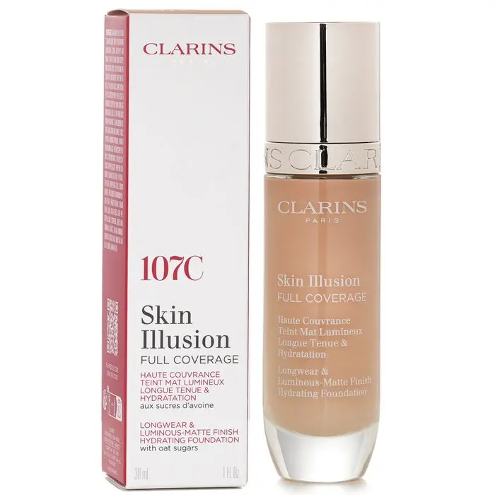 Clarins Skin Illusion Full Coverage Hydrating Foundation - #107C, 30ml/1oz, Makeup, Transfer Proof Makeup for All Skin Types, Cosmetic, Organic