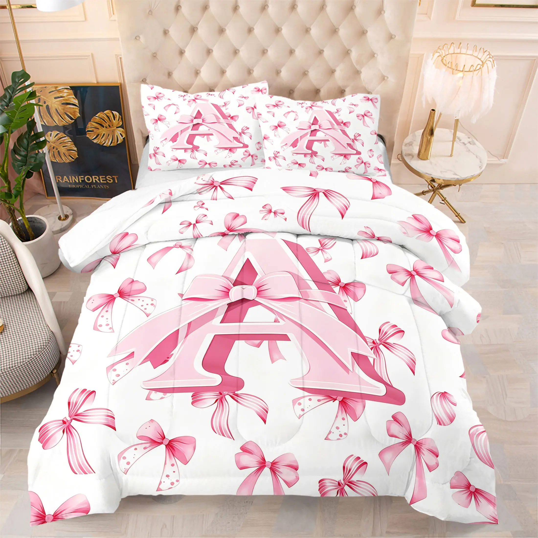 2/3Pcs Coquette Pink Bow Initial A Comforter Set, Girly Preppy Printed Quilt Bedding Set with Pillowcases, Soft Microfiber All Season Bedding for Teen Girls Bedroom, Cute Aesthetic Home Decor Gift, Matching Bedding, Soft Warm Bedding
