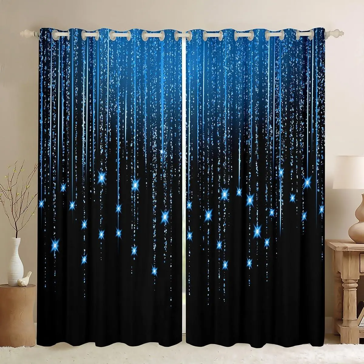 Abstract Ombre Curtains Blue Black Window Curtains Bedroom Living Room Women Modern Geometric Window Drapes Treatments Glitter Stars Decor,2 Panels