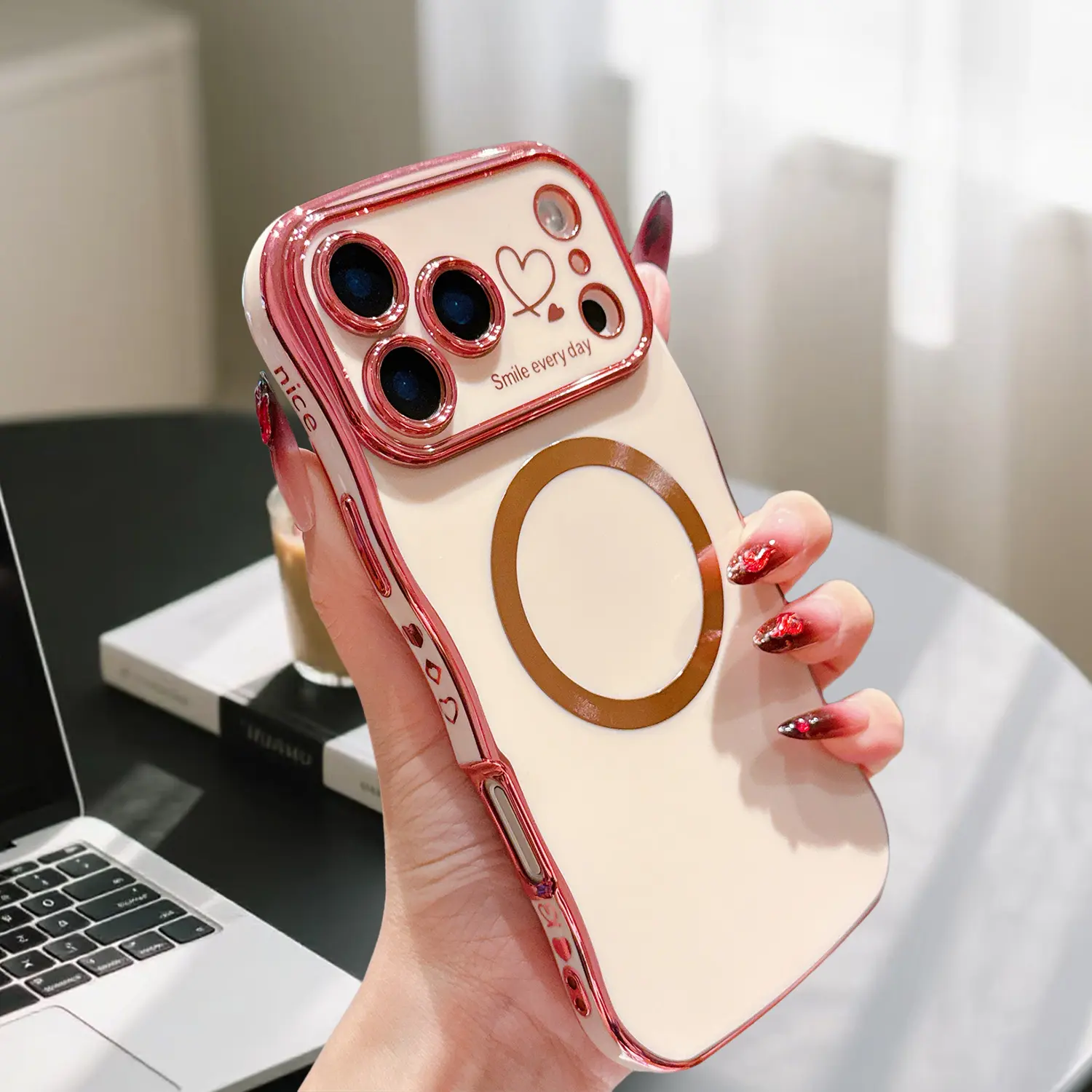 MagSafe-Compatible Magnetic TPU Smartphone Case for iPhone 17 Pro Max,16,15,14 - Women’s Soft Cute Wave Frame, Curly Shape, Love Heart Luxury Plating, Wireless Charging Compatible, Shockproof Protection Back Cover Accessory