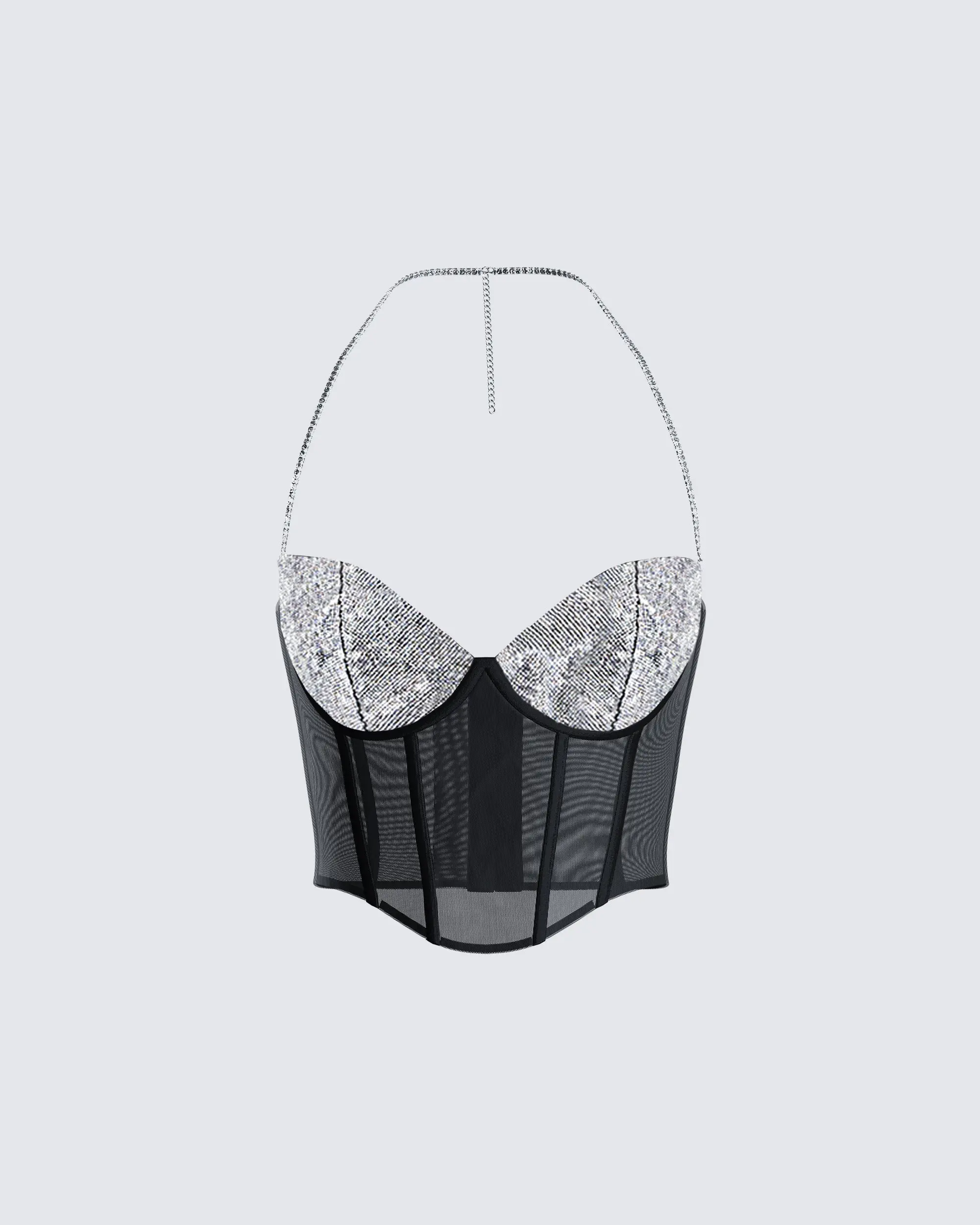 Women's Fitted Black Mesh Rhinestone Sheer Halter Bustier Corset Top - Spandex Tank Camisole, Polyester Mix, Straps, Visible Boning, Hook-and-Eye, Sparkle Cups, 1x, 2x, All Seasons Night Wear