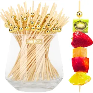 300PCS Cocktail Picks Fancy Toothpicks for Appetizers Drinks Food Fruit 4.7IN Long Decorative Bamboo Skewers Gold Pearl Wooden Garnish Sticks for Charcuterie Boards Accessories Party Supplies