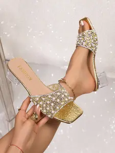 Women's Pearl Crystal Square Heel Sandals, Sparkling Gold Silver Color Options, Embellished with Rhinestones and Pearls, Fashion Footwear, Women's Shoes