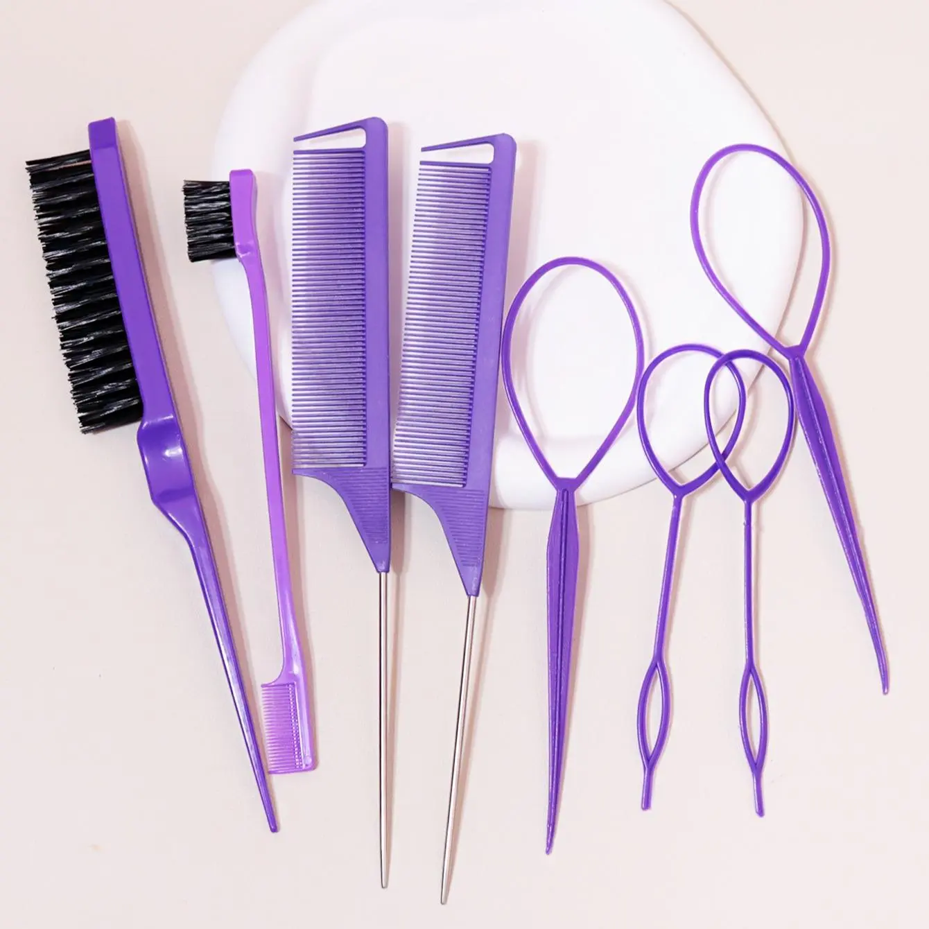 Hair Tail Tool Set, Including 4 Counts Weaving Tool Rings, 2 Counts Mouse Tail Combs, 1 Count Double-end Comb, 1 Count Edge Control Brush, Heatless Styling Tool for Hair, Hair Styling Tools