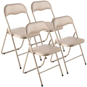 VEVOR 4 Pack Folding Chairs, Summervibes,Summervibes, Foldable Leather Chairs with Heavy Duty Metal Frame & Padded Cushion, Portable Folding Card Table Chairs, Stackable Seats for Home, Yard, Garden, Parties, Events, Khaki