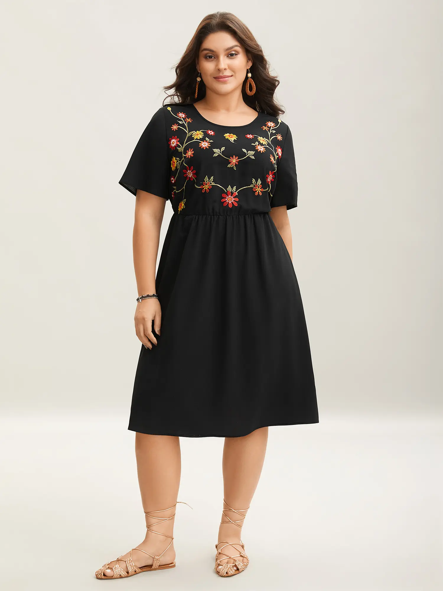 BloomChic Women's Floral Embroidered Waist-Cinched Midi Garment Dress - Shortsleeve, Casual Boho Fashion, Low Iron, Smooth Polyester-Spandex, Boho Pocket Dress, Summer Finds