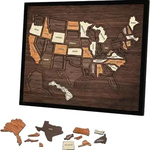Wooden USA Travel Map Puzzle,Interactive Educational Geography Puzzle Board, Handmade Wall Decor Map for Home Office, Rustic Wood United States Map for Travel Tracking Gift, Wooden Jigsaw Puzzle