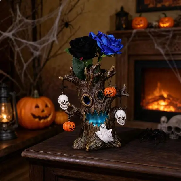 Gothic LED Light-Up Haunted Tree Stump Flower Vase, Garden Sculpture Decor with Black & Blue Roses, Mini Skulls, Pumpkins & Ghost Ornaments, Outdoor Lawn Statue & Traditional Centerpiece Faux Floral Decor