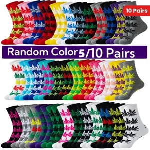 5/10 Pairs Unisex Fashion Crew Socks, Breathable Comfortable Casual Street Style, Knit Fabric with Plant Pattern, Polyester 97.8%, Spandex 2.2%, Machine Washable, for Men and Women, All Seasons