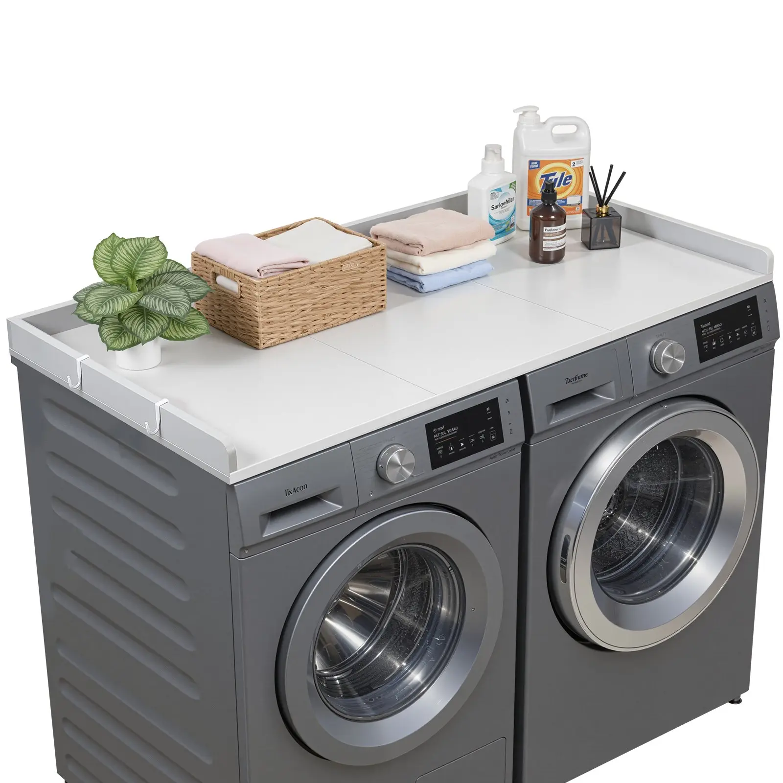 【Summerfinds】VEVOR Wooden Washer Dryer Countertop, 54x27.5in Laundry Storage Organizer with Raised Edges & 2 Hooks, Water-Resistant Topper for Laundry Closet, Gray