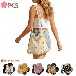 Handmade Crochet Hollow Flower Tote Bag, 5 Colors Available, Summer Fresh Weave Shoulder Bag, Beach Vacation Casual Large Capacity Crossbody Bag