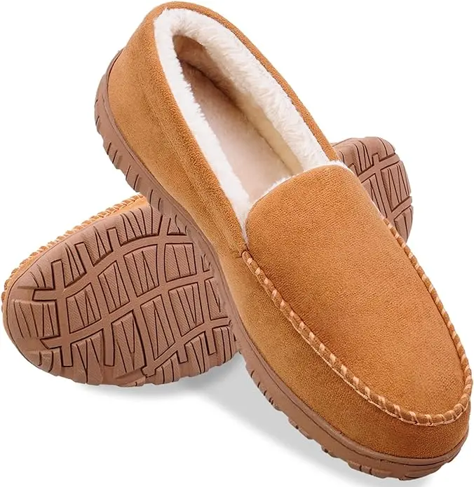 SHOESLOCKER Men's Anti-Slip Memory Foam Moccasin Slippers - Beige, Thick Cushioned, Warm Plush Knit, Breathable Slip-On Flats, Footwear for Indoor-Outdoor Walking Shoes, Versatile Shoes, Soft