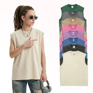Panxu Loose-Fit Acid-Wash Vest —Beige Distressed Sleeveless Tee | Unisex Distressed Acid-Wash Tank Top | Breathable Pure Cotton Muscle Vest | Relaxed Fit | Summer Casual Streetwear | Comfortable Acid-Wash Tank | Men's Loose Beach Top t-shirt compression t
