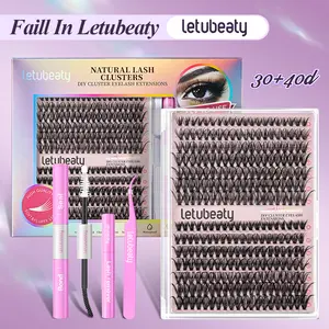 LETUBEATY DIY Lash Clusters Kit Soft Fluffy Long Lasting Lashes with Glue Remover Tweezer for Beginners Easy At Home Application Eyelash Set Black Glue - Makeup, Salon, Cosmetic