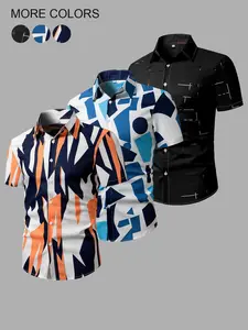 Men's Random Geometric Print Short Sleeve Button Up Shirt, Regular Fit Casual Comfy Top for Summer, Men's Clothes for Daily Wear, Abstract Print Shirt, Casual Collared Shirt