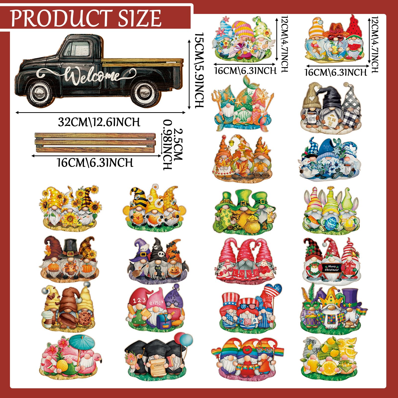 23 Pcs Interchangeable Gnome Welcome Sign for Front Door, Magnetic Seasonal Wooden Truck Door Hanging Decor for Valentines St. Patrick's Day Easter Spring Birthday Holiday Party, Farmhouse Porch Wall Home Decor, Housewarming Gift for Room Office Garden