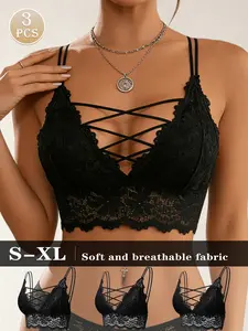 1/2/3/4/5 Pcs Elegant Cross Back Bra Set, Floral Contrast Lace, Fitted Design, All Seasons, Perfect for Daily Wear, Sexy Yet Casual